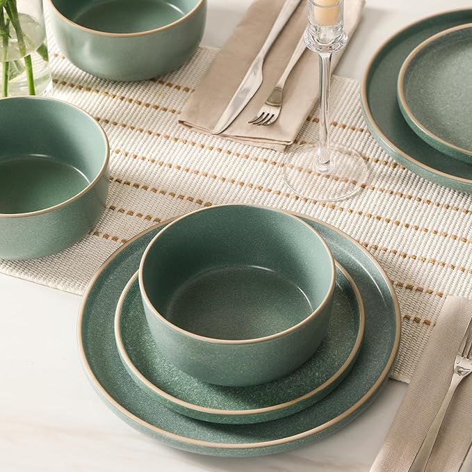 Earth &amp Clay Amber 24-Piece Dinnerware Set Stoneware Dishwasher and Microwave Safe Plates and Bowls Set Dish Set for 8 Green