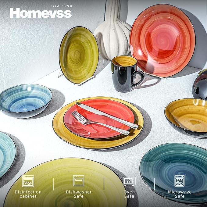 Sonoma 16 Piece Stoneware Dinner Set Outside Black + Inside Handpainted Mixed Colors Blue Green Red Yellow with speckle