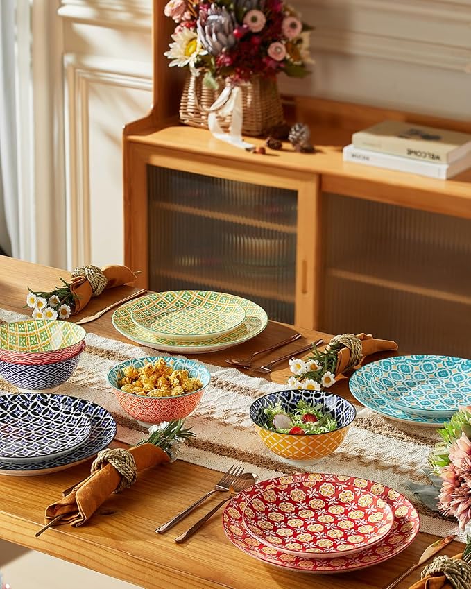 Ceramic Dinnerware Sets for 4 12 Pieces Plates and Bowls Set with Vibrant Color Stoneware Dishes Set Dishwasher &amp Microwave Safe