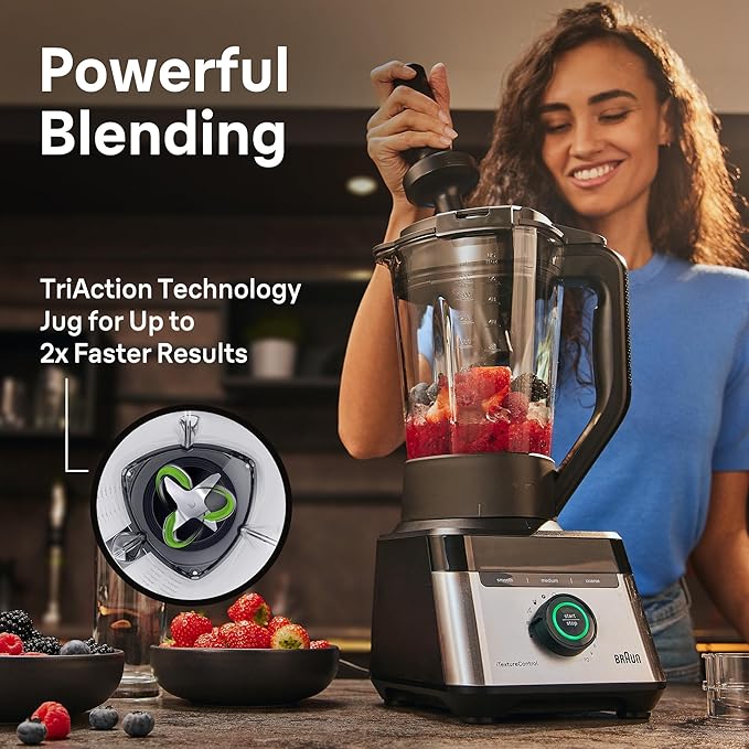 Braun TriForce Power Blender - Powerful 1200 Watt Countertop Blender with 10 Manual Speeds 3 Texture &amp 3 Food Settings Stainless Steel Blades for Effortless Emulsifying for Smoothies Purees &a
