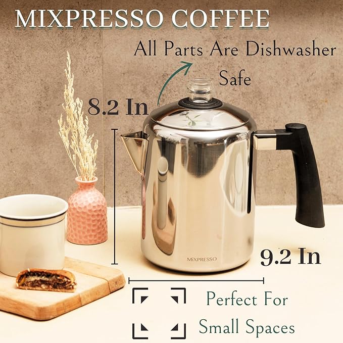 Mixpresso Stainless Steel Coffee Percolator Stovetop 37oz Classic Percolator Coffee Pot Great For Camping Pot 5-8 Cup Stove Top Espresso Maker Cool-Touch Handle