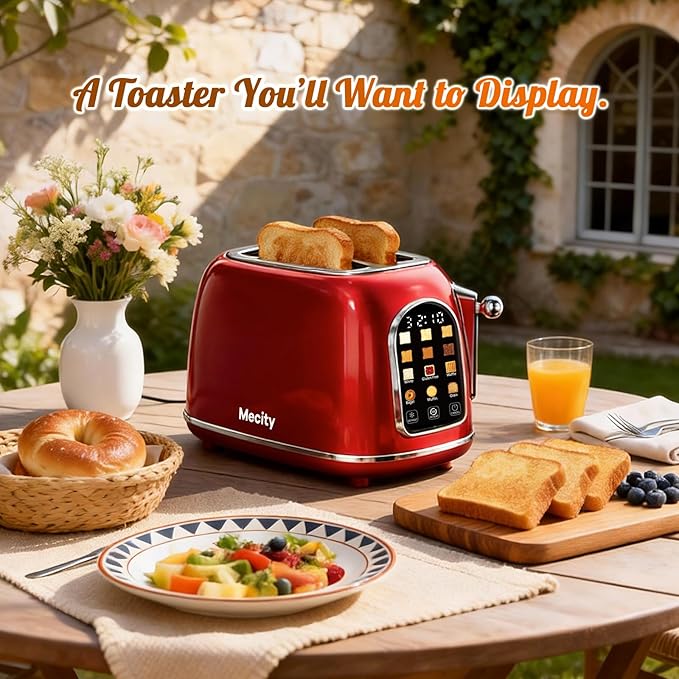 Mecity Toaster 2 Slice Touch Screen Wide Slot Retro Toaster For Breads Bagel Muffin Waffle House Warming Gift New Home 120V 825W Red Pearl