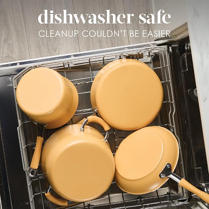 Rachael Ray Cucina Ceramic Cookware Set - 13 Pieces - Ceramic Pots and Pans Set w/Nonstick Frying Pans Saute Pan Saucepans Stockpot Lids Pan Protectors &amp Cooking Utensils - Turmeric