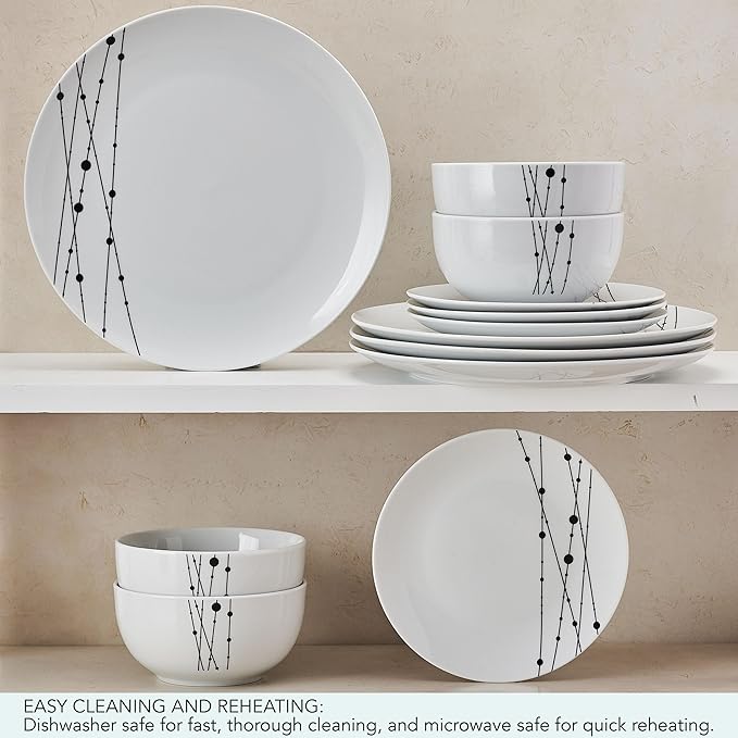 Studio Nova Linear Symphony 12 Piece Dinnerware Plate Bowl Set Service for 4