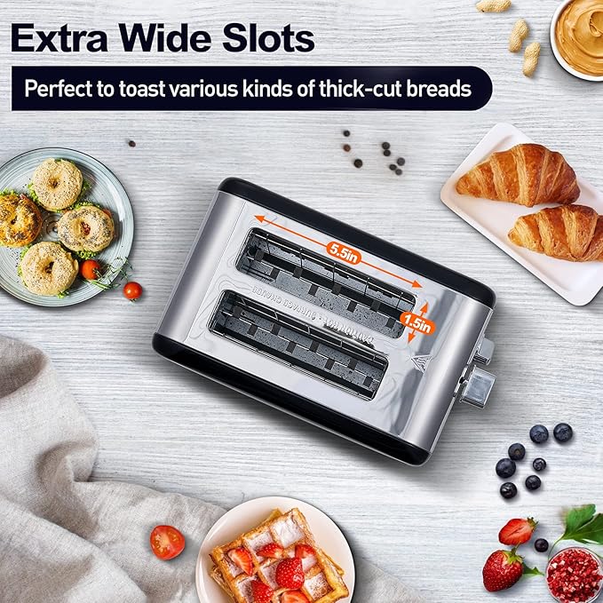 CUSIMAX Stainless Steel 2 Slice Toaster with LED Display Extra-wide Slots 6 Browning Settings Cancel/Bagel/Defrost Removable Crumb Tray Black