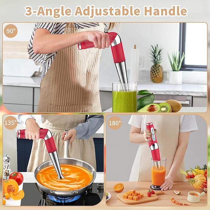 Toogel Cordless Immersion Blender Electric Hand Blender with 21-Speed &amp 3-Angle Adjust USB Rechargeable BPA-Free &amp Dishwasher Safe for Baby Food Smoothies Soup (Red)