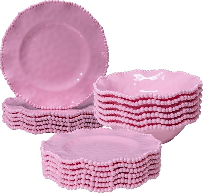 Pink Dishes Melamine Dinnerware Sets 18 Piece Kitchen Plates and Bowls tableware Set Lightweight BPA free Beaded Serving Dishes for Girls Valentine's Day Mother's Day. Service for 6.