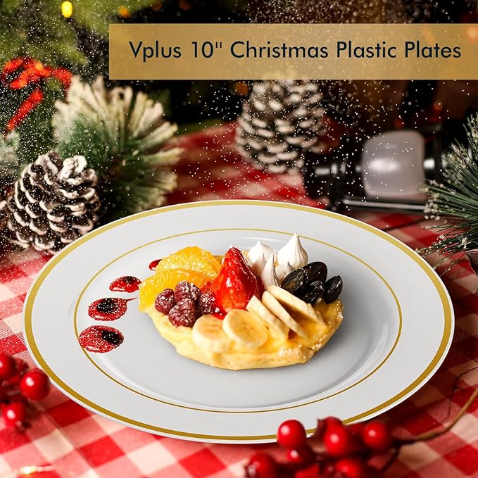 Vplus 100 Piece 10 Inch Gold Plastic Plates Disposable Heavy Duty White Elegant Durable Dinner Plastic Party Plates with Gold Rim Perfect for Party Christmas