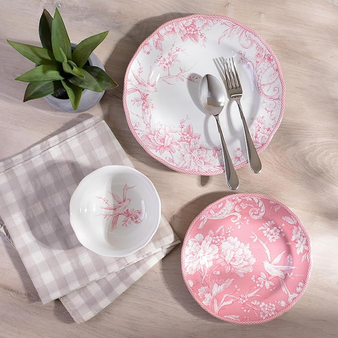 222 Fifth Adelaide Blush 12-Piece Pink Porcelain Dinnerware Set – Service for 4 Big Dinner Plates and Bowls Sets White with Pink Floral Pattern for Daily Entertainment Microwave &amp Dishwasher S