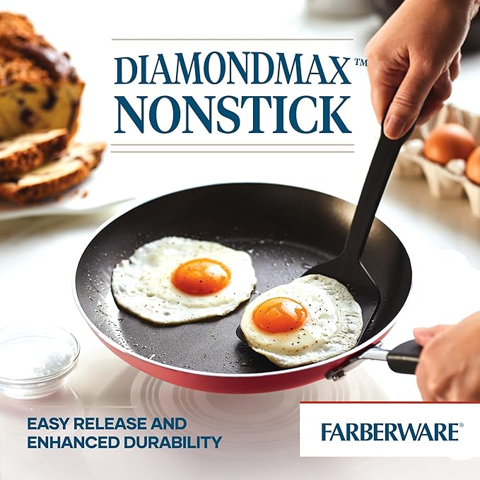 Farberware Cookstart DiamondMax Nonstick Cookware/Pots and Pans Set Dishwasher Safe Includes Baking Pan and Cooking Tools 15 Piece - Red