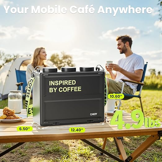 CANDY Portable Espresso Machine with Strap 3 in 1 Coffee Maker One-Touch Operation Rechargeable Cold Brew Up to 60 Cups for Ground Ideal for Camping RV &amp Outdoor Home Heating in Plug-in Mo