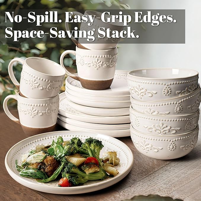 Artena Plates And Bowls Sets 16 Pieces Dinnerware Sets Dish Set For 4 Ceramic Kitchen Bowl And Plate Set Embossed White Dishware Sets Dishwasher &amp Microwave Safe (Damask Floral) (With Mugs)