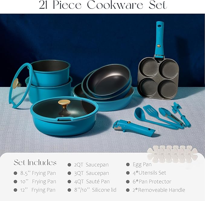 CAROTE 21pcs Pots and Pans Set Nonstick Cookware Set Detachable Handle Induction Kitchen Cookware Sets Non Stick with Removable Handle RV Cookware Set Peacock Blue