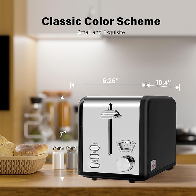 YSSOA Stainless Steel Toaster 2 Slice with 1.5” Wide Slot &amp Removable Crumb Tray 5 Shade Options and Bagel/Defrost/Cancel Functions for Various Bread &amp Waffle Retro Black