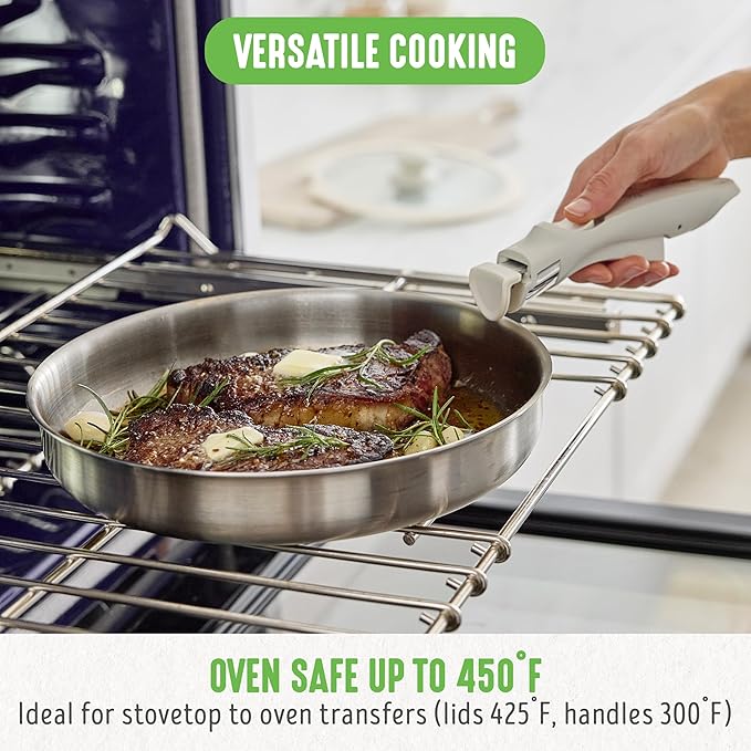 GreenLife 10 Piece Stainless Steel Pots and Pans Detachable &amp Stackable Kitchen Set Tri Ply Clad PFAS Free Cookware Space Saving with Removable Handle Induction &amp Oven Safe RV Cookware G