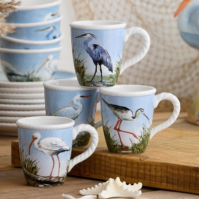 Coastal Birds 16-Piece DINNERWARE SET SERVICE for 4 Ceramic Dinner Salad Plates Mugs Bowls artist-designed Wetland Birds Blue Sky for Coastal Dining