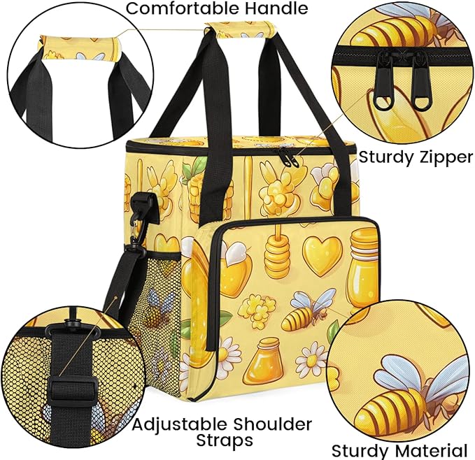 Yellow Coffee Maker Travel Bag Honeycomb Bee Insulated Grocery Bag Travel Picnic Leakproof Cooler Bags With Shoulder Strap