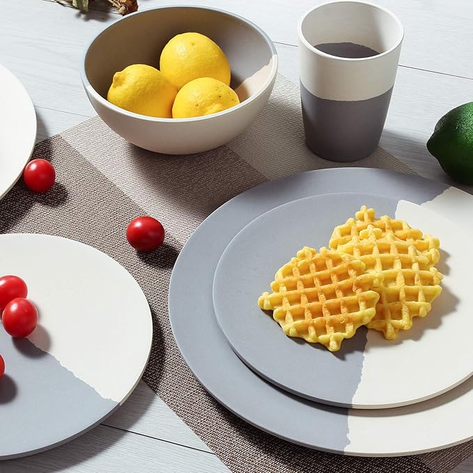 MORGIANA 8 pcs Bamboo Dinnerware Set Reusable Plates Bowls Sets Camping Picnic Dishes Tableware Set for 2 (Grey &amp White)