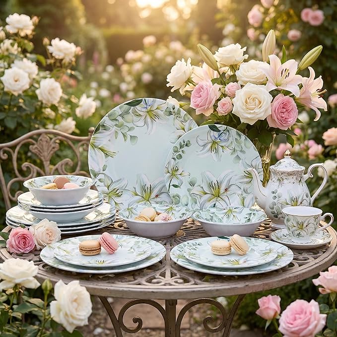 12-Piece Melamine Dinnerware Set - Shatterproof Plates and Bowls Sets for Everyday DiningElegant Lily Pattern Dish Set Outdoor Picnics and RV Camping Green &amp White