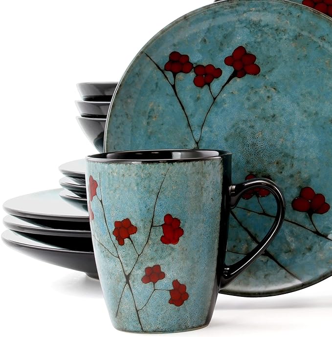 Unknown1 Midnight Blossom 16 Piece Stoneware Dinnerware Set in Blue Floral Casual Round Microwave Safe Medium
