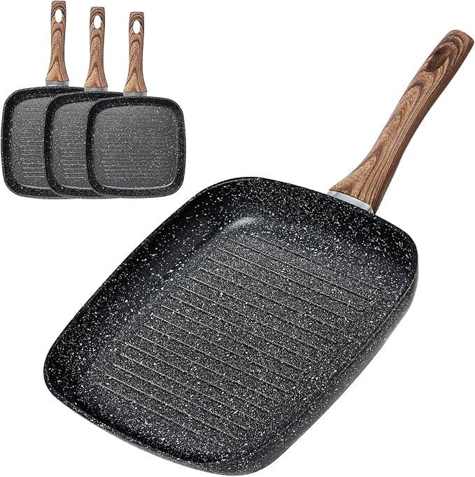 DUMOS 3 Pcs Grill Pans Set Nonstick Square Frying Pan Skillet Set with Stay Cool Handle &amp PFOA Free Compatible with All Stovetops (9.5 10 11) Light Black