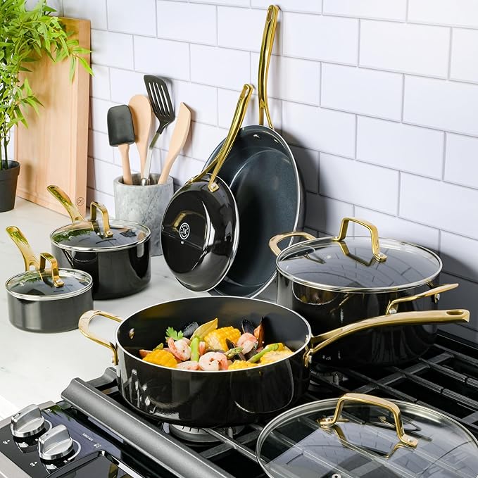 Martha Stewart Lockton 14 Piece Premium Non-Stick Heavy-Gauge Aluminum Cookware Combo Set (Pots Pans and Tools) - Black w/Gold Handles