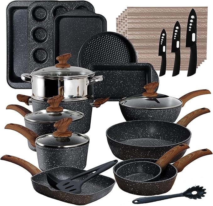 Kitchen Induction Cookware &amp Bakeware Set - 30 Piece Black Granite Cooking Pans Set Non-Stick Pots and Pans Set