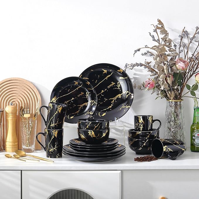 Modern Porcelain 16 Piece Black Dinnerware SetPlates and Bowls SetsGold Dish Set for 4Black Dinnerware SetDinner Sets with Dinner Plates