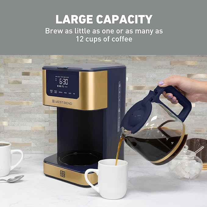 West Bend Timeless 12-Cup Programmable Coffee Maker with Brew Strength Selector for Hot and Iced Coffee Includes 1-4 Cup Brew Option and Permanent Filter
