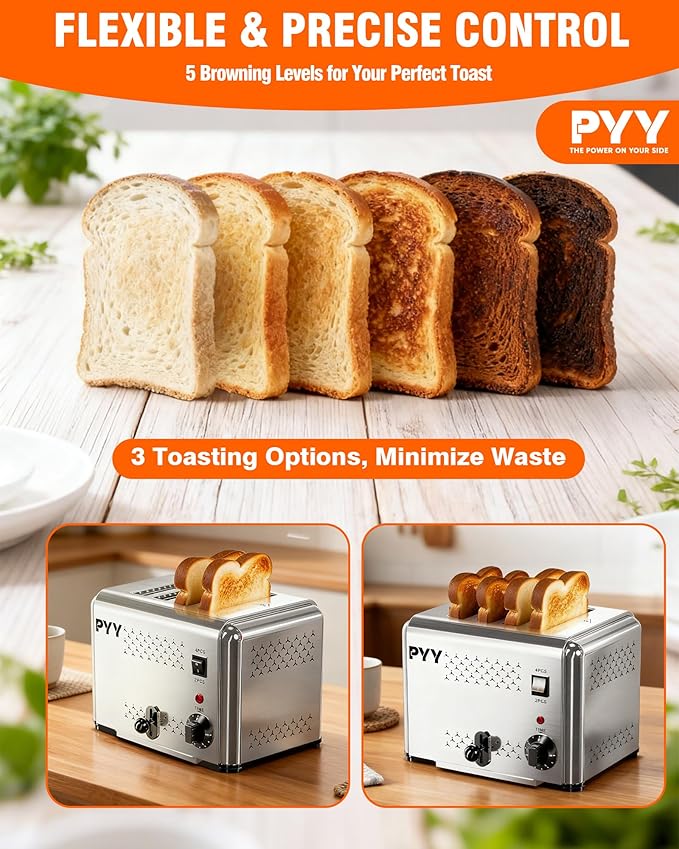 PYY Commercial Toaster 4 Slices with 2/4 Slice Option 120pcs/h 6-Level Setting Toaster with Removable Crumb Tray 1.1 inch Wide Slot for Bagel Bread Stainless Steel for Restaurant Home 1200W