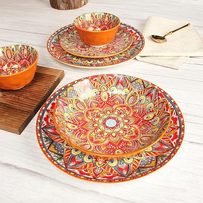 Mandala Dinnerware Sets (16 PCS) Serves for 4 Buffet Dinnerware Boho Plates and Bowls Set with 8.3 salad Plate 8.6/10.6dinner Plate 6.4 bowl apply Indoor Outdoor Dining