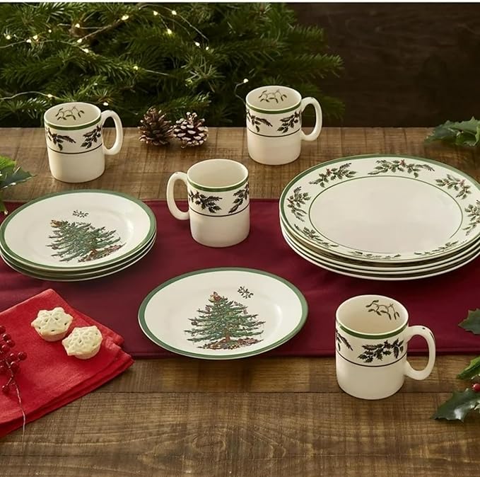 Spode Christmas Tree 12-Piece Melamine Dinnerware Set - Seasonal Dinnerware for Holiday Gatherings Service for 4 Dishwasher Safe with Festive Christmas Tree Motif Shatterproof &amp Durable Dishes