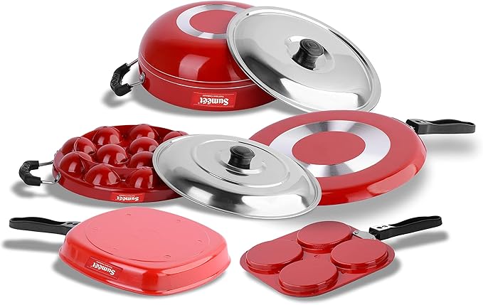 SUMEET Aluminium 2.6mm Thick Non-Stick Dearg Cookware Set (Red Dosa Tawa 26.5cm Dia Mini Multi Snack Maker 19.5cm Dia Kadhai with Lid 1.5Ltr Grill Appam Patra with Lid 23cm Dia Grill Pan 1.1Ltr)