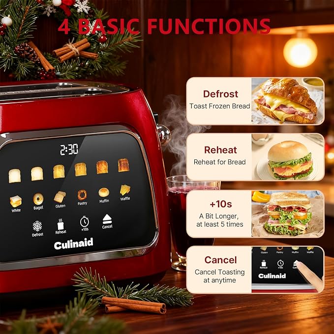 Toaster 2 Slice Smart Touch Screen Retro 1.5'' Extra Wide Slot Stainless Steel Digital Bread Toaster with Memory Function Bagel Defrost 6 Browning Levels and Removable Crumb Tray Red
