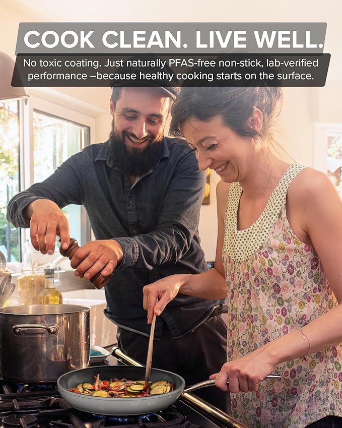 Nuwave Healthy G11-Pots and Pans Set Non Stick 9H Near-Diamond Hardness Scratch-Resistant Works on All Stovetops PFAS Free with Frying Pans Saucepans &amp Glass Lids Stay-Cool Handles Cool Gra