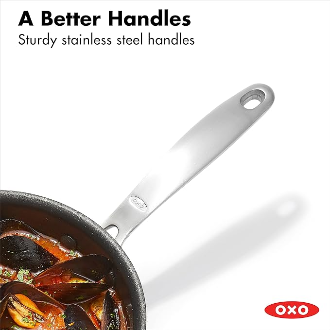 OXO Good Grips Pro 1QT and 2QT Saucepan Pot Set with Lids 3-Layered German Engineered Nonstick Coating Stainless Steel Handles Black