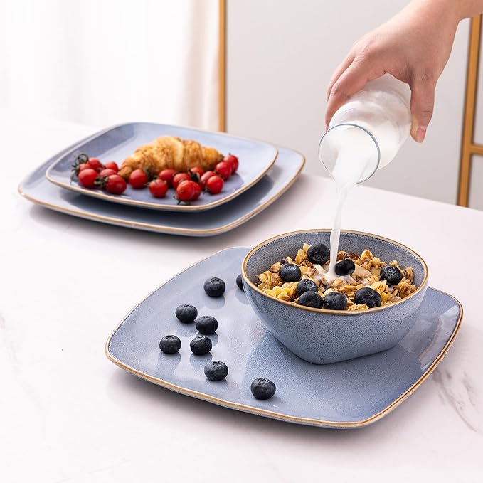 AmorArc Ceramic Dinnerware Sets for 4 12 Pieces Square Handpainted Plates and Bowls Set Chip and Scratch Resistant Stoneware Dishes Set Dishwasher &amp Microwave Safe Reactive Blue