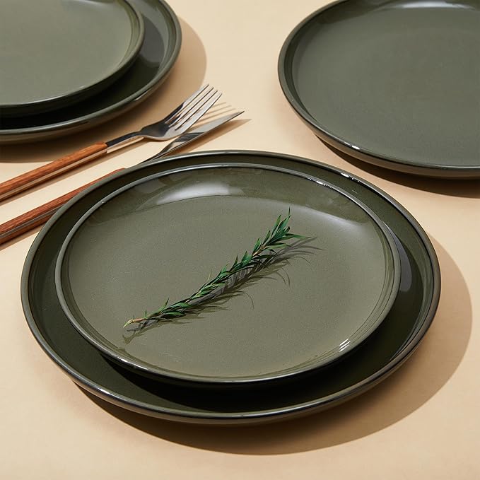 Santorini Mist Terracotta Reactive Glaze Plates and Bowls Sets Stoneware Dinnerware Sets Microwave and Dishwasher Safe Ceramic Dish Set Service for 4 Blackish Green