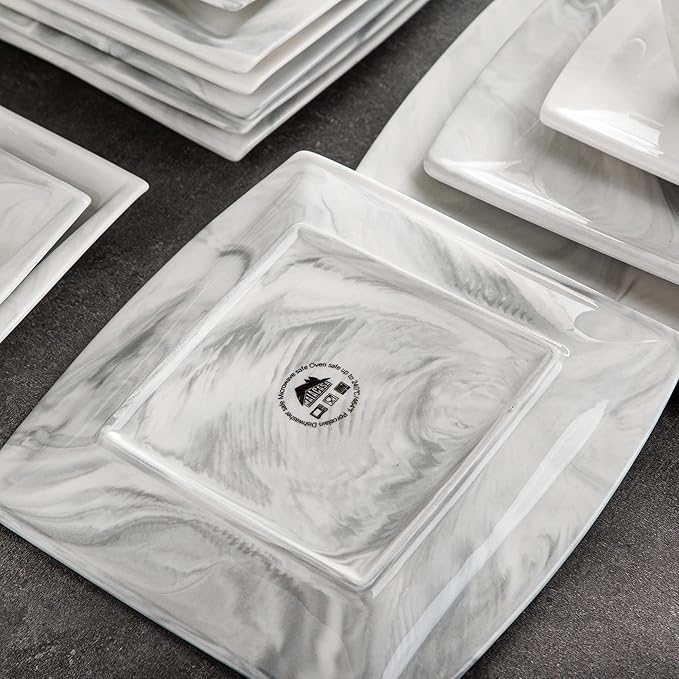 MALACASA Dinnerware Sets 32 Pieces Porcelain Plates and Bowls Sets for 6 Marble Grey Dishes with Plates and Bowls Cups and Saucers Side Dish Plates Square Dinner Set Series Blance
