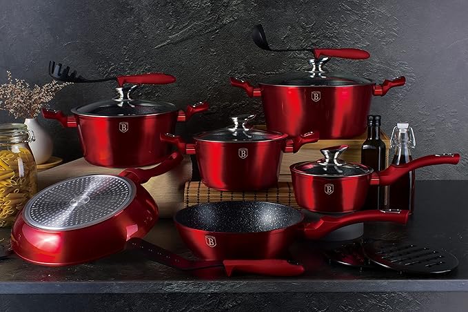 Berlinger Haus Kitchen Cookware Set 3-Layer Marble Coating with Ergonomic Soft - Touch Handle Turbo Induction Based Elegant Design &amp Eco Friendly PFOA Lead Cadmium Free | 15-Piece Burgundy Color