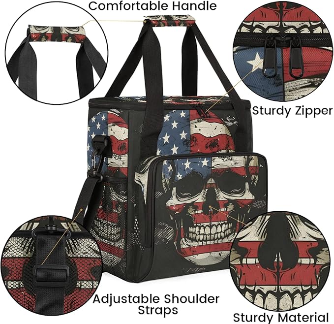 Skull American Flag Travel Coffee Maker Carrying Bag Large Organizer Storage Tote Bag Insulated Reusable Cooler Grocery Bags