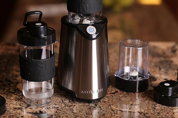 Mironi Personal Smoothie Blender 2-in-1 Single Serve Blender Mini Bullet Blender 500W With 20 Ounce Tritan Sports Bottle and Grinder Cup for Juices Shakes Smoothies and More Stainless Steel