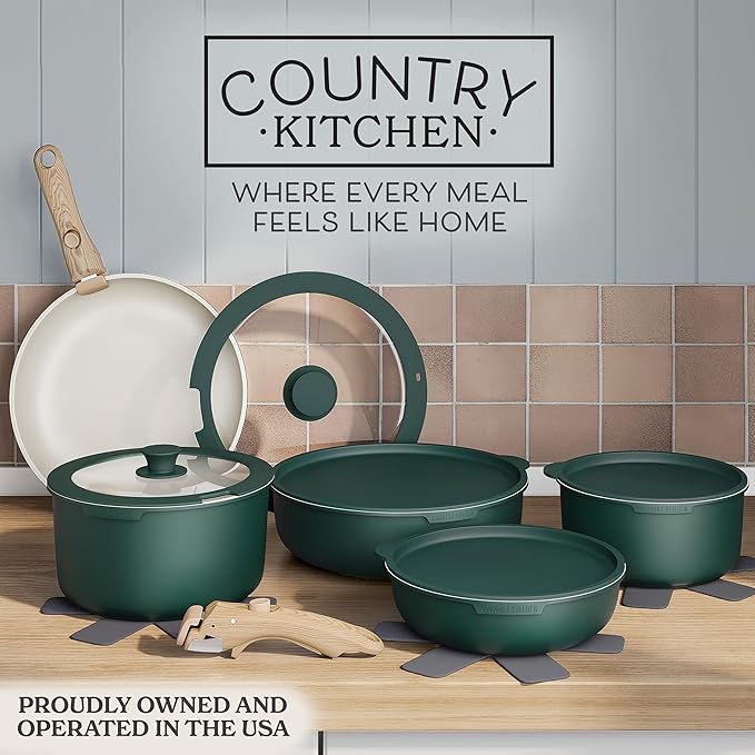 Country Kitchen Cookware Set with Removable Handle Oven &amp RV Safe Pots and Pans Set Sage Wood Handle Original
