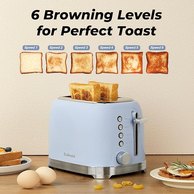 Toaster 2 Slice Retro Stainless Steel with 1.5” Extra Wide Slots Bagel Defrost Reheat Cancel Functions 6 Bread Shade Settings Removable Crumb Tray Blue