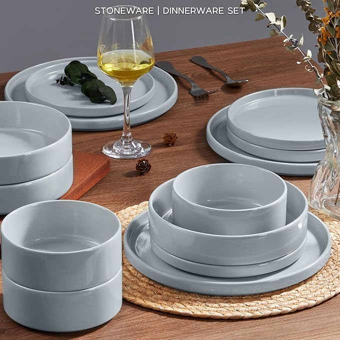 Onader Plates and Bowls Sets 16 Pieces Stoneware Dinnerware for 4 Kitchen Dinner Dish Set with Pasta Bowl Ceramic Dishware Dining Ware Microwave &amp Dishwasher Safe - Slate Gray