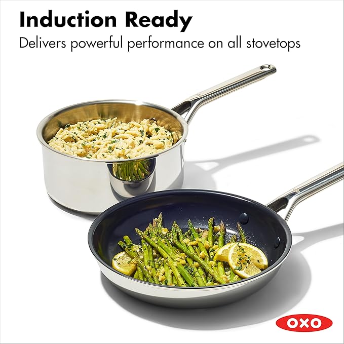OXO 13 Piece Stainless Steel Cookware Set Tri-Ply Multiclad Pots &amp Pans PFAS-Free Ceramic Nonstick Coated Frying Pans Induction Compatible Dishwasher &amp Oven Safe Sauce Stock Saute Silv