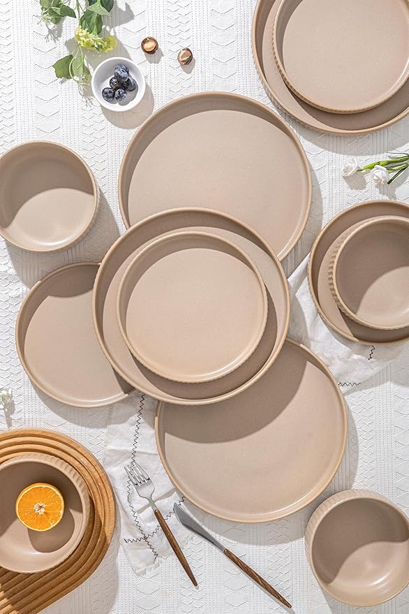 Natural Stoneware Dish Set18 Piece Plates and Bowls Sets in Warm Beige – Dinnerware for 6 for Warmhearted Homes &amp Everyday Harmony