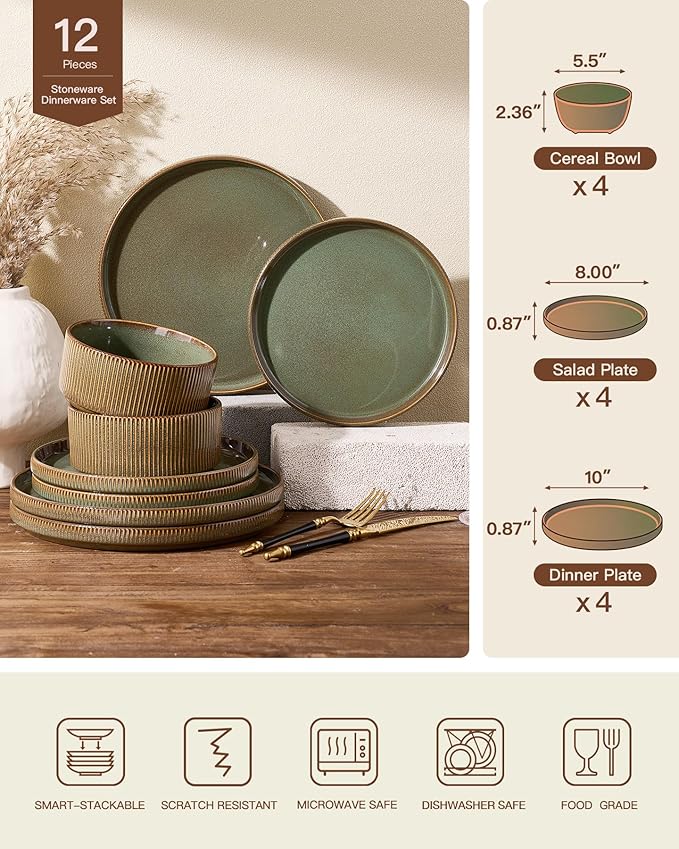 Stoneware Dinnerware Sets Handcrafted Double Reactive Glaze Plates and Bowls for Everyday &amp Formal Dining Microwave &amp Dishwasher Safe Scratch Resistant Dishes Service for 4 (12-Piece) Moss