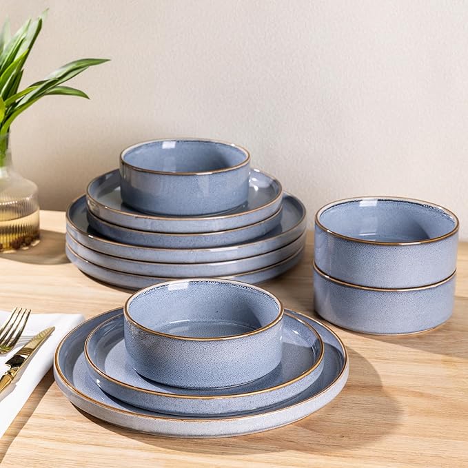 GBHOME Ceramic Dinnerware Sets for 4 12 Pieces Stoneware Plates and Bowls Sets Reactive Glaze Dishes -Scratch Resistant Dishwasher&ampMicrowave Safe-Brunnera Blue