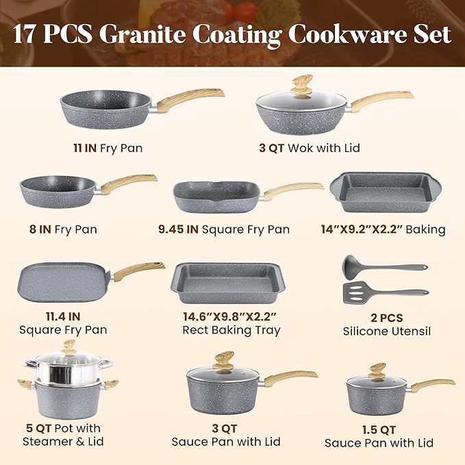 Kitchen Academy Granite Nonstick Cookware Set - 17 Piece Gray Cooking Pans Set Induction Pots and Pans Set Non Stick PFOA &amp PFOS Free.